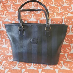 Classic sleek Hato Hasi Japan Pinstripe navy and black vegan leather bag.